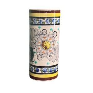 Vintage Tonala Mexico Hand Painted Pottery Cylinder Vase Floral Folk Art Signed